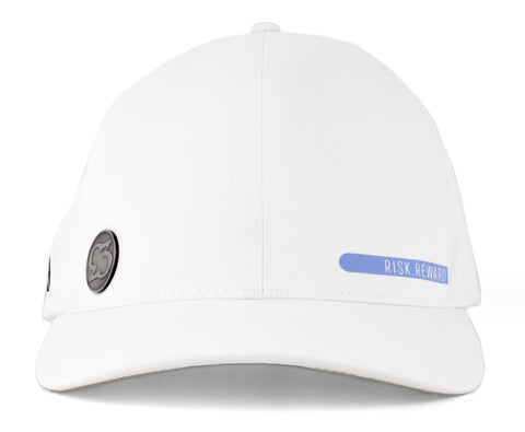 Risk.Reward® Golf Hat with Ball Marker - Smooth White and Blue - RISK REWARD GOLF