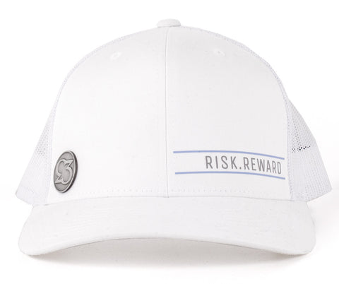 Risk.Reward® Golf Hat with Ball Marker - RR White and Blue - RISK REWARD GOLF